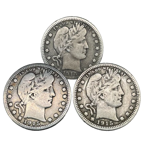 1915-P,D,S  Barber Quarters 25c VF/XF 90% Silver 3 Coin Year Set