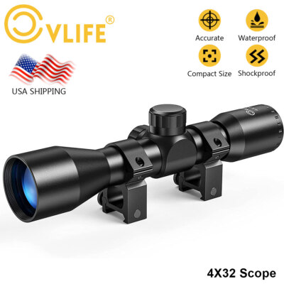 4x32 Compact Rifle Scope Crosshair Optics Hunting Gun Scope w/ Rings For Airsoft