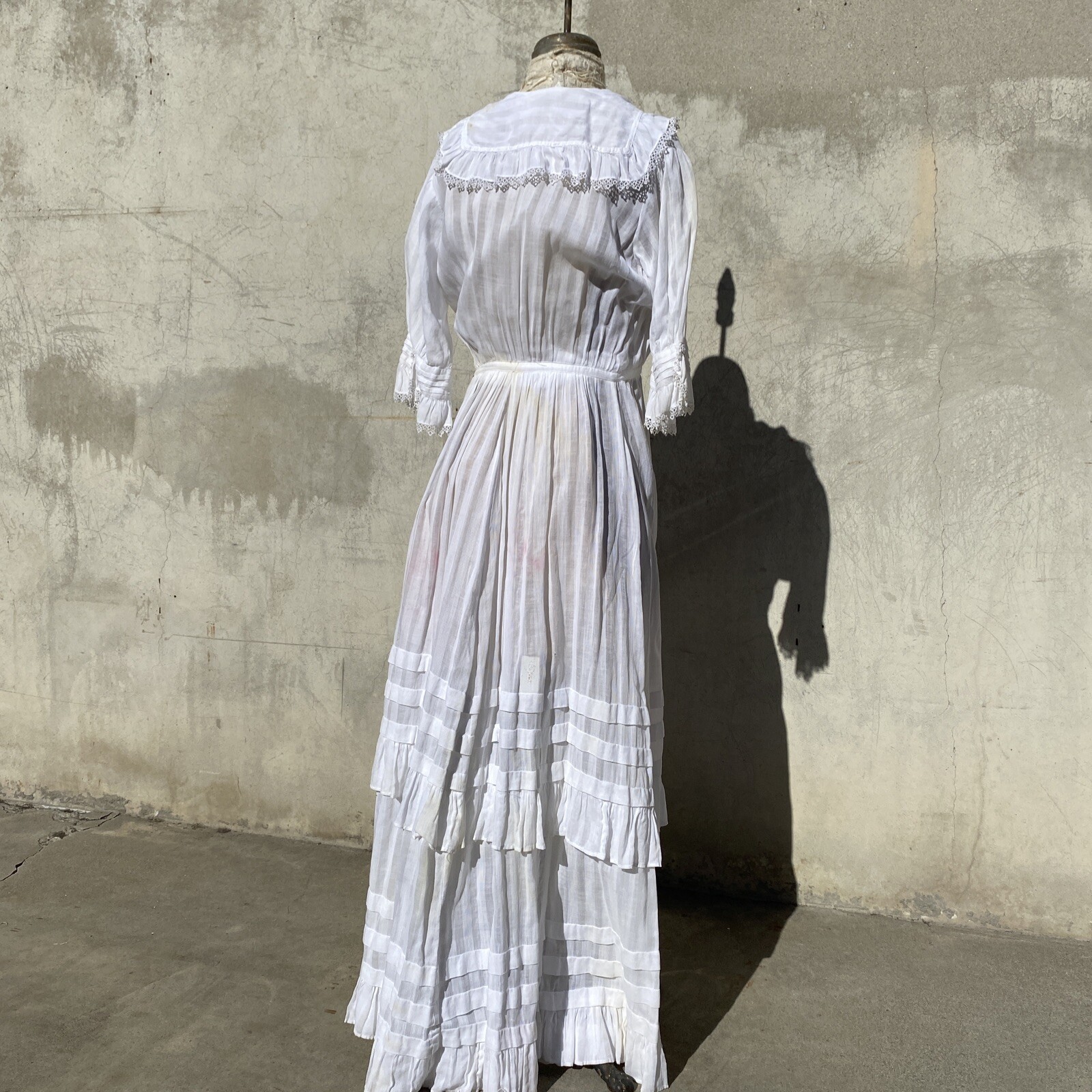 Antique Edwardian White Cotton Tea Dress Maxi Lace Tr… Gem