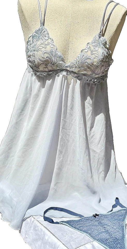 LISE CHARMEL Кокетливое Шифоновое Платье Вышитые Прозрачные Чашки Синий Серый M + Трусики L - Изображение 4 из 4