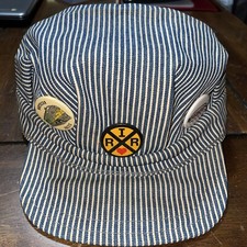 Vintage Hat Railroad Engineer Striped Made In USA RARE With Vintage Pins