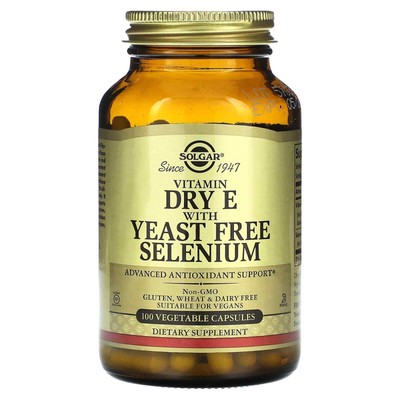 2 X Solgar, Vitamin Dry E with Yeast Free Selenium, 100 Vegetable Capsules