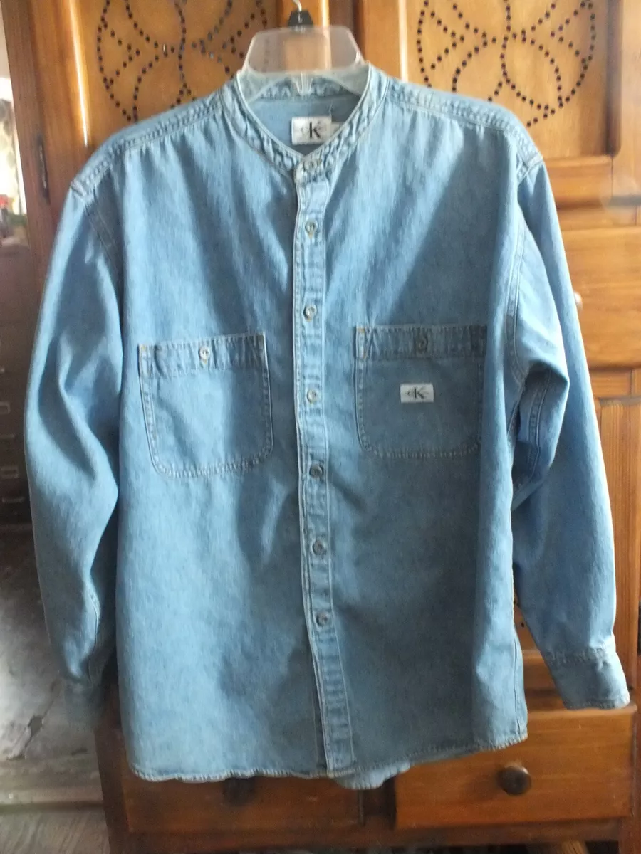 Mens collarless cheap denim shirt
