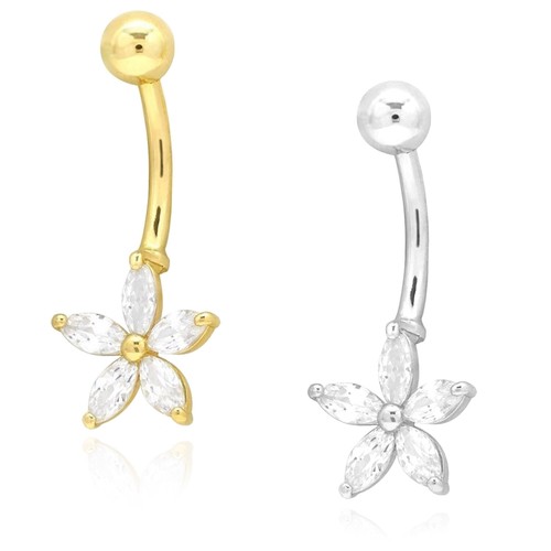 14K Echt Gold Weiß CZ Blume Bauchnabel Ring 1" - Bild 2 von 14
