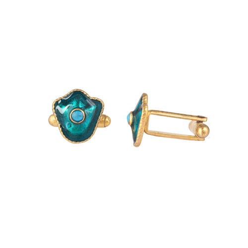 Turquoise 14K Gold Plated Art Deco Enameled Cufflinks - Picture 3 of 5