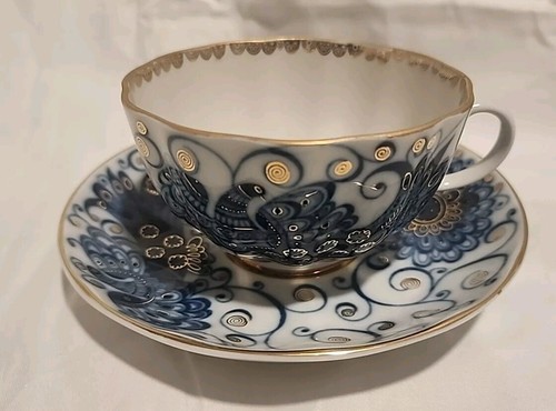 Vintage Lomonossow Pfau Teetasse und Untertasse Porzellan Kobaltblau Made in UdSSR