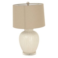 Image of White Ceramic Table Lamp Linen Shade Twill Weave Textured Modern Bedroom