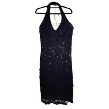 David Meister Black Lace Sequin Navy Halter Cocktail Dress Y2K  Size 10 Made USA