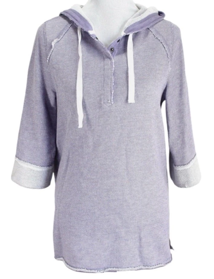 Soft Surroundings Just Beach Lavender Pull Over Terry 3/4 Sleeve Hoodie Sz Med