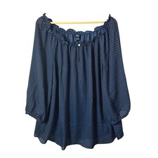 Chaps Top Polka Dot Off Shoulder Navy Blue Plus Sz Lightweight Ruffle Preppy 2X