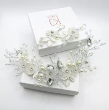 3 PC Bridal Flower Hair Headband and Earrings Set, Wedding Hair Vine for Bride