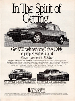 Oldsmobile 1988 Cutlass Calais Supreme Ciera Vintage B&W Magazine Ad