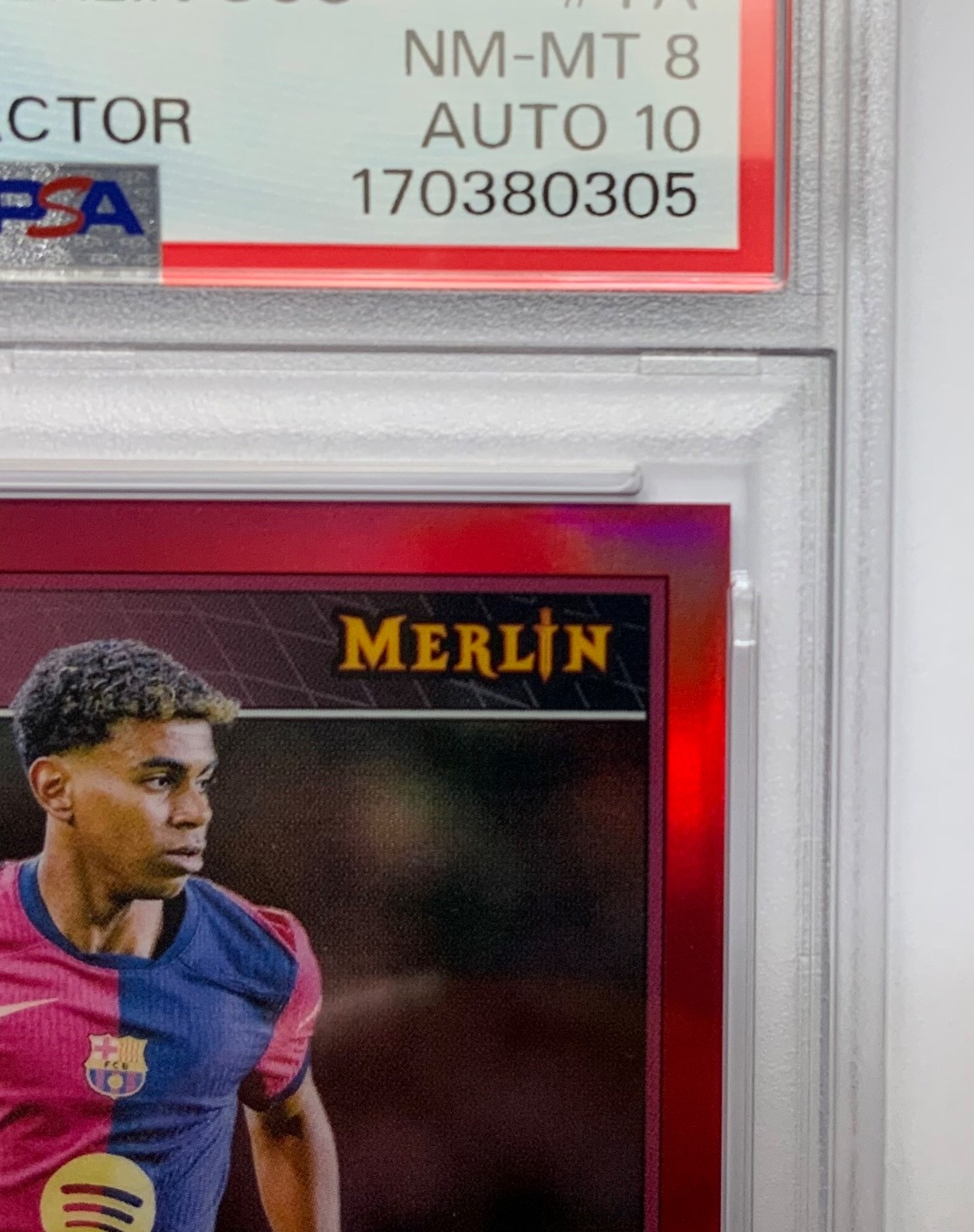 2024-25 Topps Merlin UCC Lamine Yamal Red Refractor Auto 5/5 PSA 8 Auto 10. Gem view 14