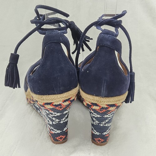 Cabi Isla Wedge Espadrille Sandals Navy Blue Ankle Tie Aztec Print 8M Nautical - Picture 7 of 11