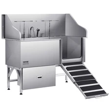 Stainless Steel Dog Washing Station, 61 inch Pet Grooming Tub w/ Ramp, Water Fil