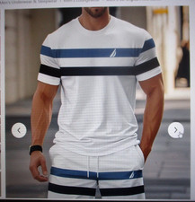 Mens 2-Piece Set Short Sleeve Shirts and Shorts Summer White Blue Stripes Set