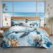 Kids Quilt Sets King Size,Sea Turtles Bedding with 2 Pillowcase. Blue Coast...