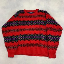 Vintage Abstract Knitted Jumper Patterned Grandad Chunky Knit Sweater Men's L
