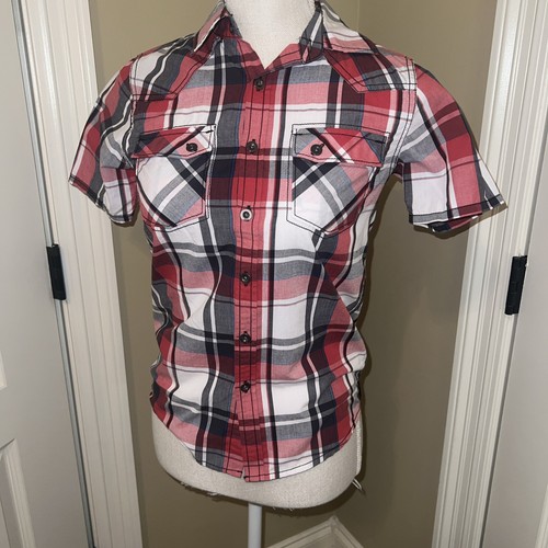 Helix Button Up Shirt Boys Small Plaid Short Sleeve Western Cowboys Two Pockets - Picture 1 of 7