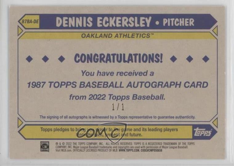 2022 Series 1 1987 Topps Baseball Platinum 1/1 Dennis Eckersley Auto HOF 7ut view 2