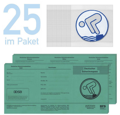 Paket aus 25 Silber Abzeichen zum Aufnähen und 25 Deutsche Schwimmpässen