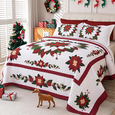3 Piece Christmas Quilt Bedspread,Queen Size Christmas Flower Themed Bedding,Rev
