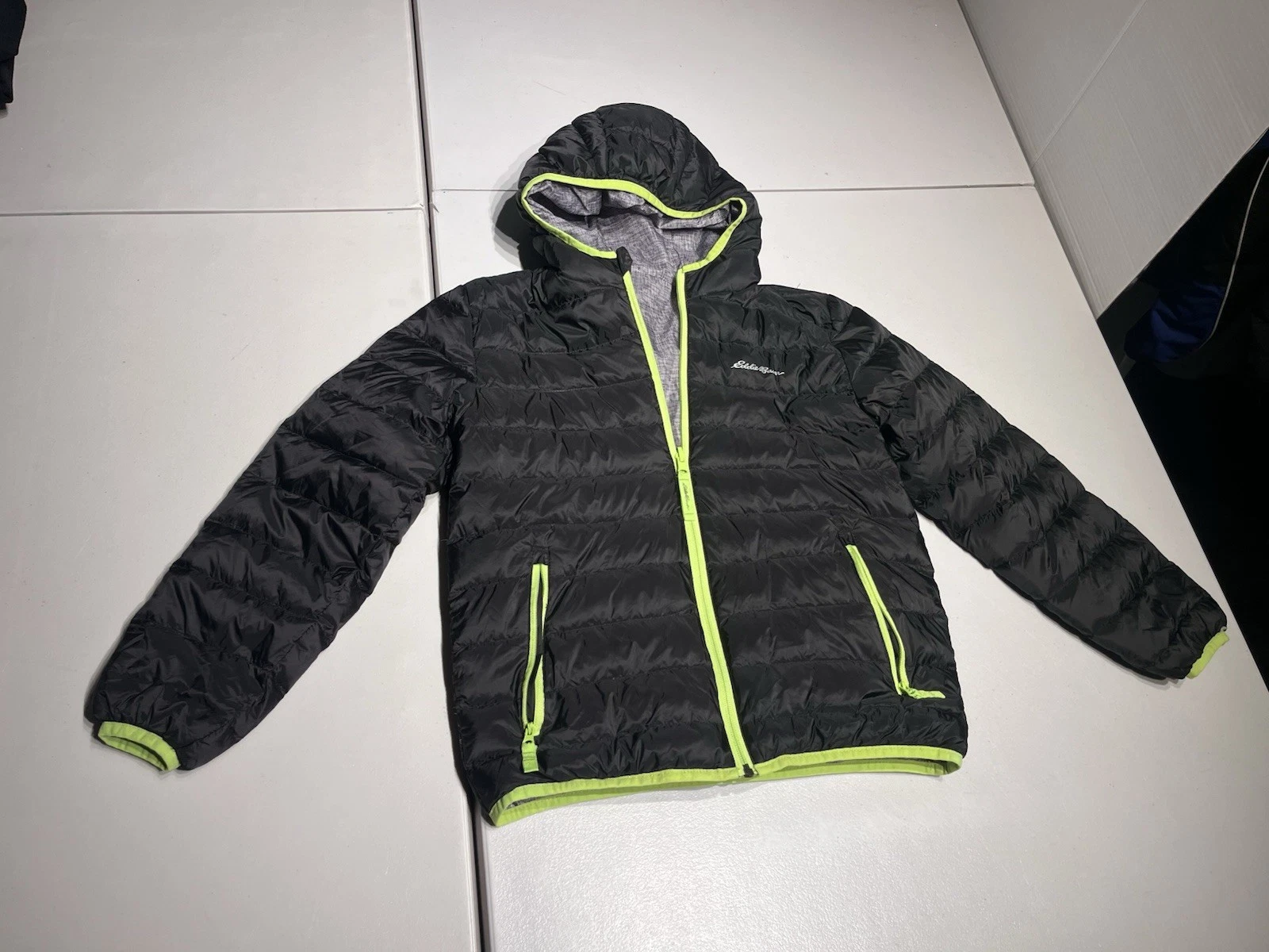 Eddie Bauer Jacket Kids Medium 10 Boys Down Reversible Hooded Puffer Black Gray