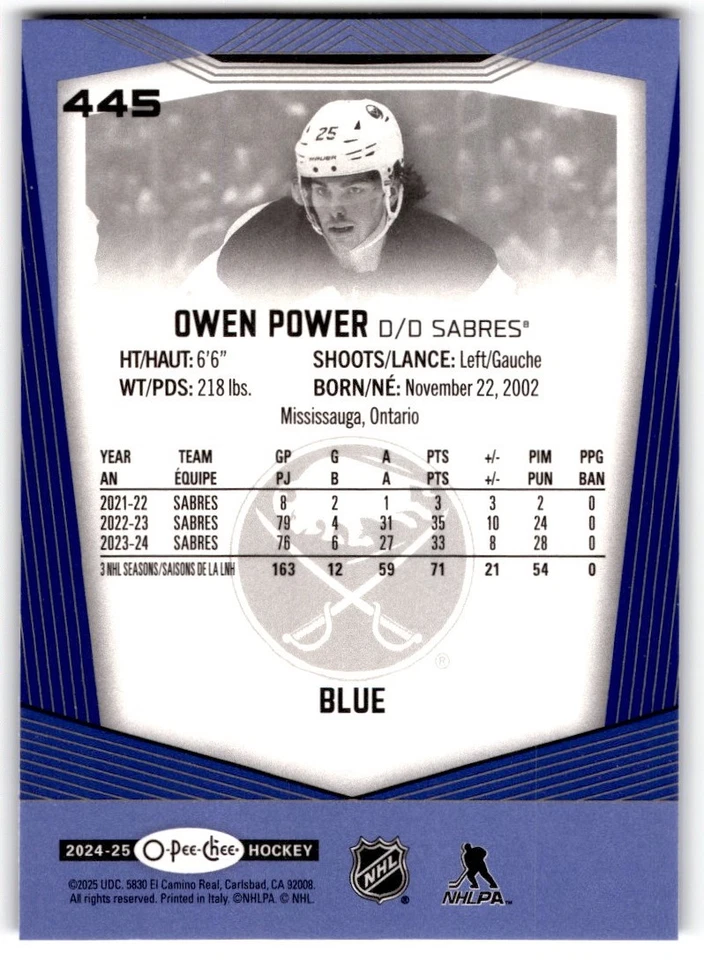 2024-25 O-pee-Chee Blue Owen Power #445 - Image 2 of 2