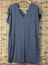 Loft Lounge Shift Dress S Gray Knit Double V Neck Pocket Elevated Basics Coastal