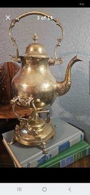 Antique Brass Tilting Teapot on Stand with Burner Ornate Victorian Style