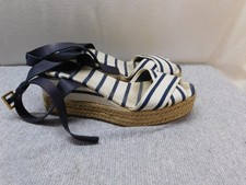 Tory Burch Sandals Womens Size 8 Navy Cream Striped Espadrille Wedge Ankle Wrap