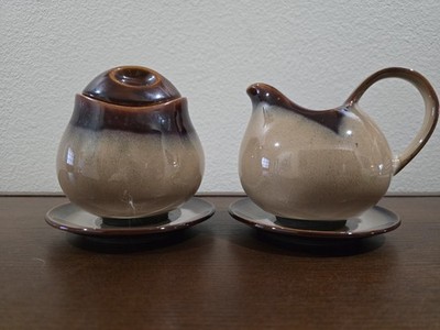 Sango Nova Brown Glaze Pottery Cream and Covered Sugar Bowl Set #4933 and saucer