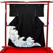 Japanese Kimono 'TOMESODE' Silk/Wave/Gold embroidery/Length:158cm N1312