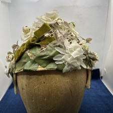 1960 Fascinator Hat Net White Flowers Velvet Green Bow Millinery Leaves Cottage