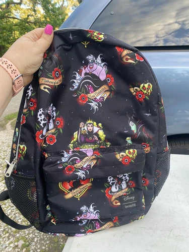 Loungefly Disney Villains Black Red RARE Tattoo Print Full Size Canvas Backpack