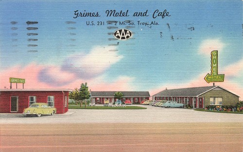 TROY AL ALABAMA GRIMES MOTEL AND CAFE 1957 VINTAGE LINEN POSTCARD 092324 T - 第 1/2 張圖片