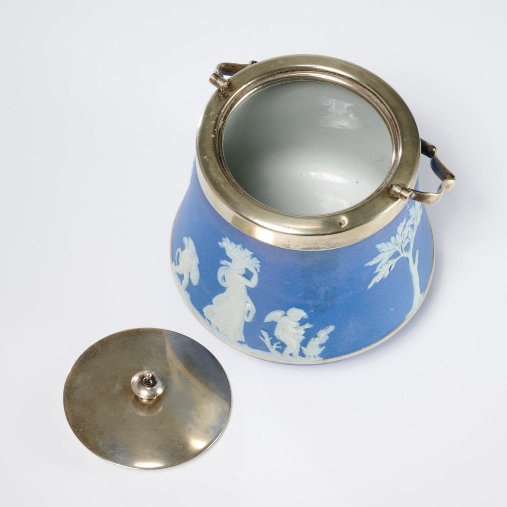 Wedgwood Antique Blue Jasperware Silver Plated Biscuit Cookie Jar
