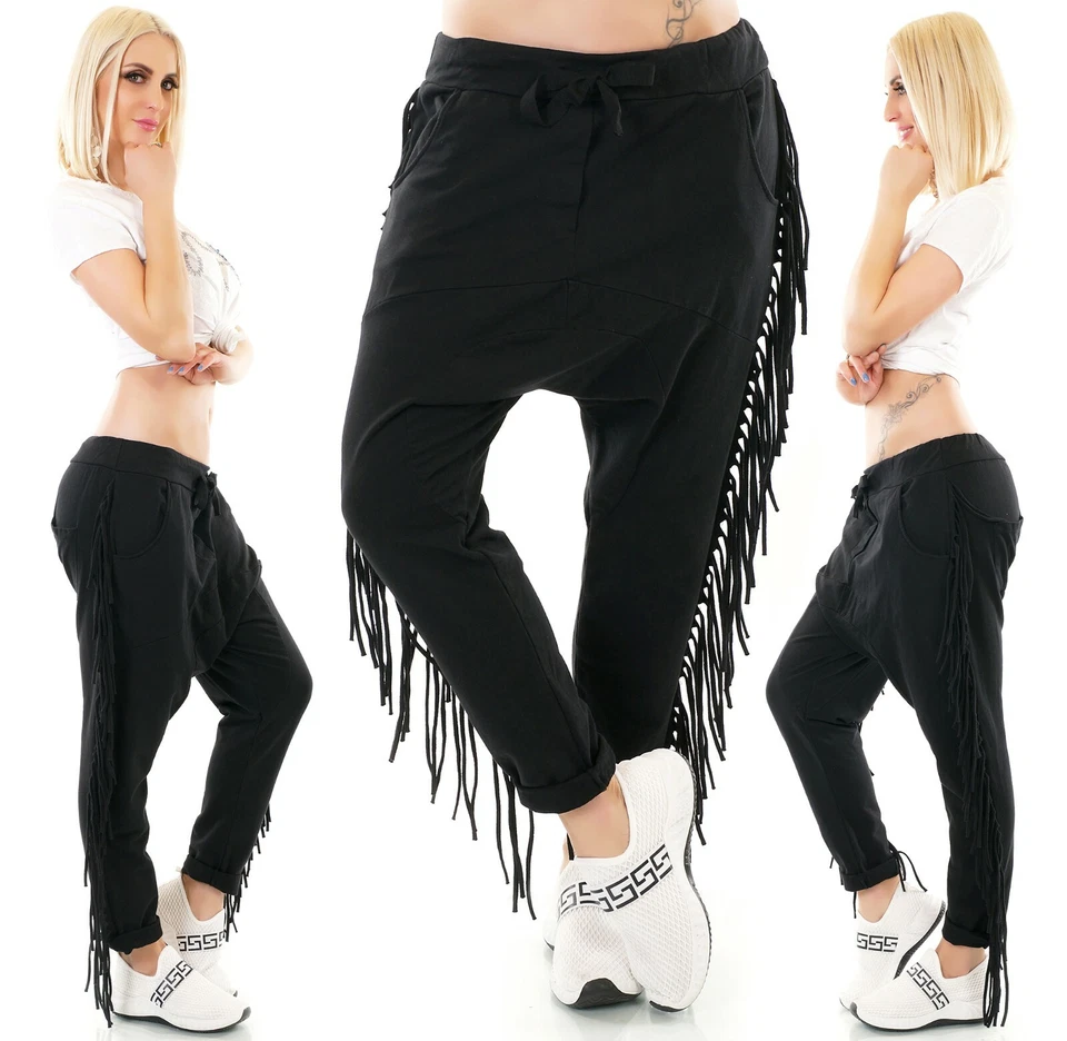 ITALY Damen Freizeit Hose Fransen Haremshose JogPants Baggy Boyfriend 36-40  - Bild 3 von 4