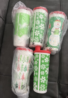 Set Of 5 Tupperware 16 oz Tumbler Flip Top Lid 5107 Jolly Holiday Christmas Cups