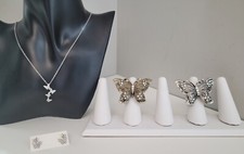 4 Butterfly Costume Jewelry Set Necklace 9" Ring Size 6 Earring Silvertone