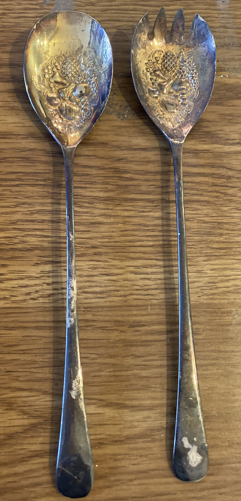 VINTAGE E.P.N.S. 9" Salad Set , Spoon and Fork Silverplate Made in  ENGLAND