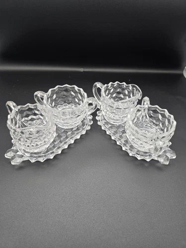 2 Fostoria American Cube Creamer and  Sugar Bowl With Tray Dish Sets