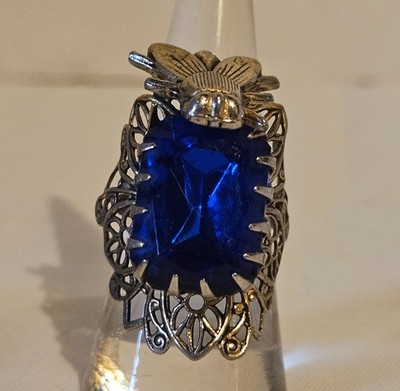 Vintage Silver Tone Filagree Ring With Large Blue Glass Stone and Fly Accent