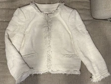 Alice + Olivia Womens Metallic White Tweed Blazer Jacket Cropped Frayed Edges L