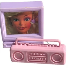 Vtg 90s Barbie Doll Purple TV Accessory Mattel Replacement & Pink Boombox Radio