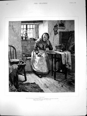 Original alter antiker Druck allein Walter Langley Frau sitzend Tisch Fenster 1890
