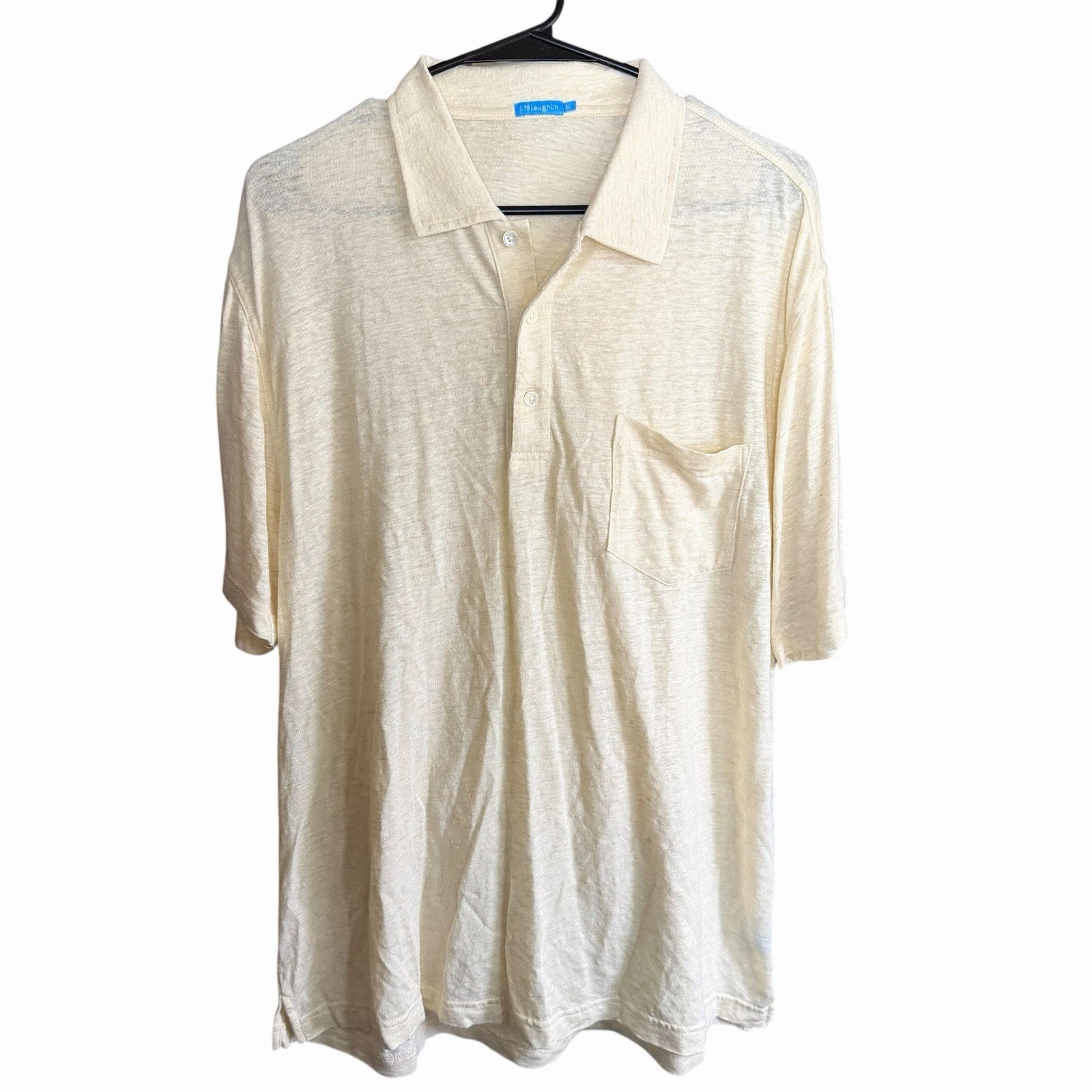 J McLaughlin 95% Linen Shirt Men's XL Ivory S/S Stretch Coastal Beach Minimalist