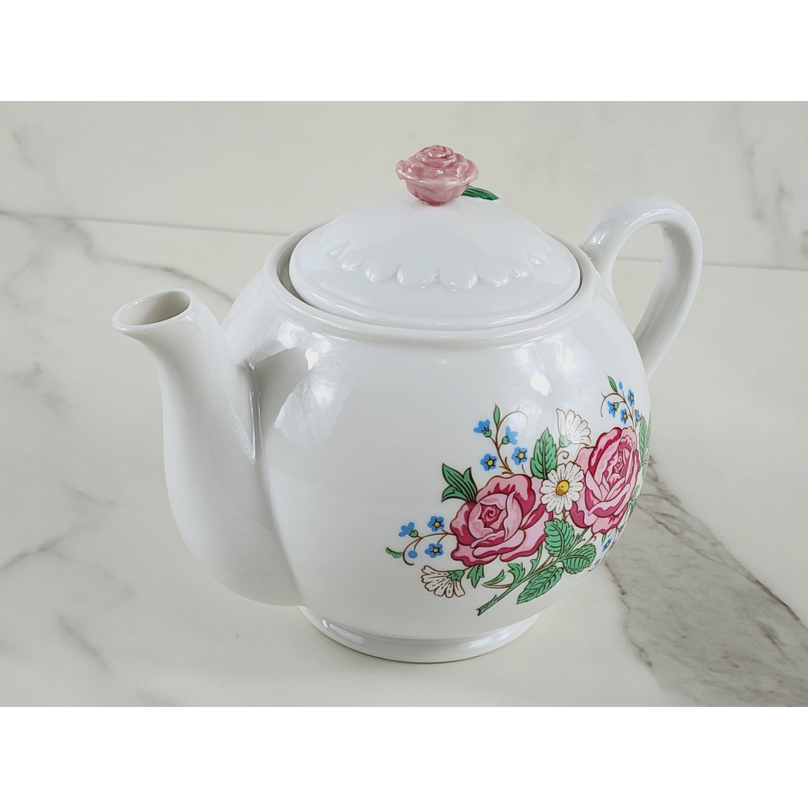 Hallmark Teapot w/ Lid Pink Rose Pattern White Porcelain 7" Dinnerware Vintage