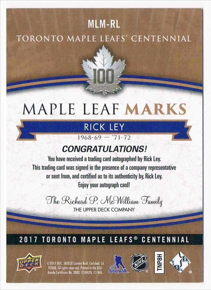 2017-18 UPPER DECK CENTENNIAL MARKS RICK LEY TORONTO MAPLE LEAFS #MLM-RL - Image 2 of 2