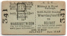 Cheshire Lines (CLC) Railway Ticket Warrington (C) to Belfast - Steamer